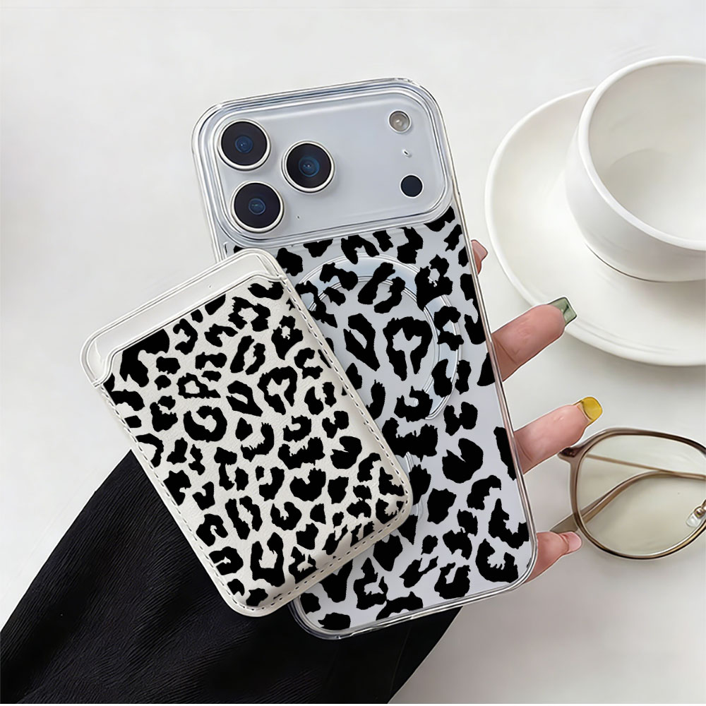 Phone Cases That Hold Cards - Zwarte luipaardprint MagSafe portemonnee magnetische kaarthouder